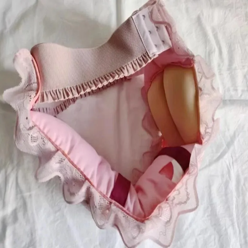 Pink Floral Lace Man Sexy Thong Open Convex Pouch Briefs Filled Cotton Thick Puffy T-back Band Hygiene Panties BF Party Handmade