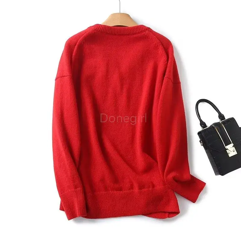 Donegirl 2024 Women Spring Autumn New Red V-neck Knitted Sweater Loose Pullovers Solid Casual Elegant Commute Tops Female Chic