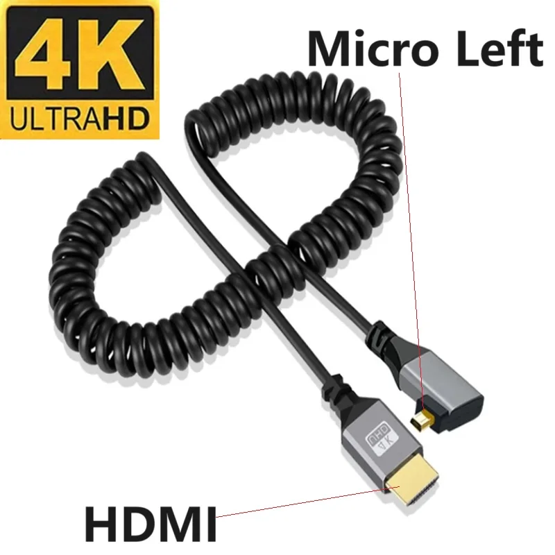 Cabo micro hdmi 4k, 0.5-2.4m, 4k, 60hz, micro hdmi, compatível com hdmi, extensão enrolada, cabo espiral flexível para pc, monitor, tv