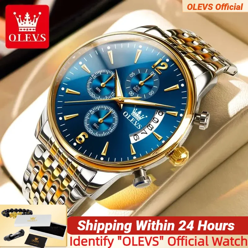 

Мужские водонепроницаемые светящиеся спортивные часы OLEVS, многофункциональные деловые модные золотые мужские кварцевые часы с хронографом, 2867