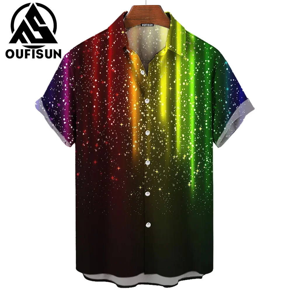 New Summer Fashion Pride Month Party Rainbow Print Men\'s Short Sleeve Casual Shirt Tops Street Trend Party Oversized Shirt S-5XL