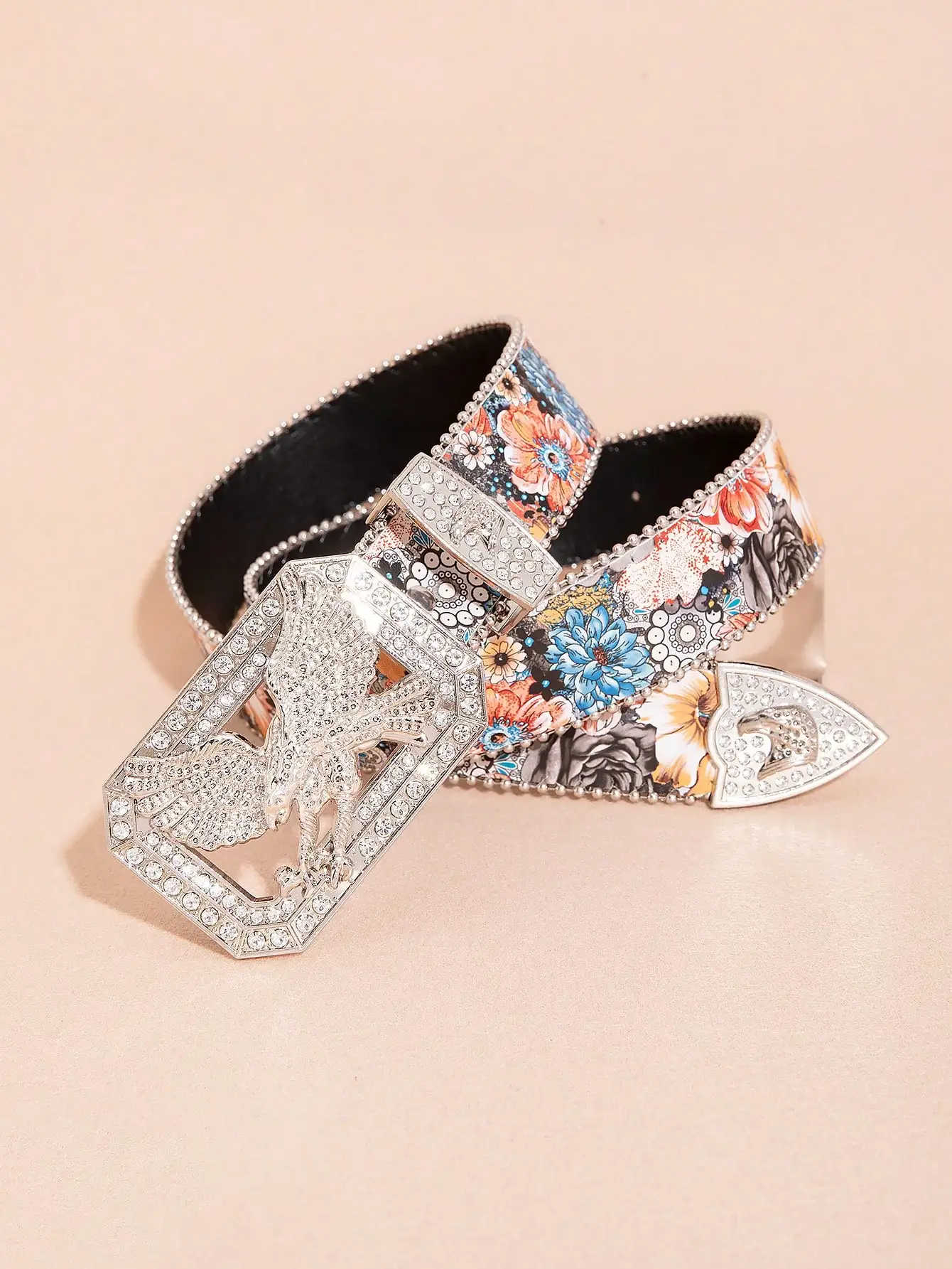 1 قطعة حزام نسائي متعدد الألوان من حجر الراين اللامع على شكل نسر معدني بإبزيم معدني ملون مطبوع عليه زهور، حزام مزخرف متعدد الاستخدامات للجينز #2