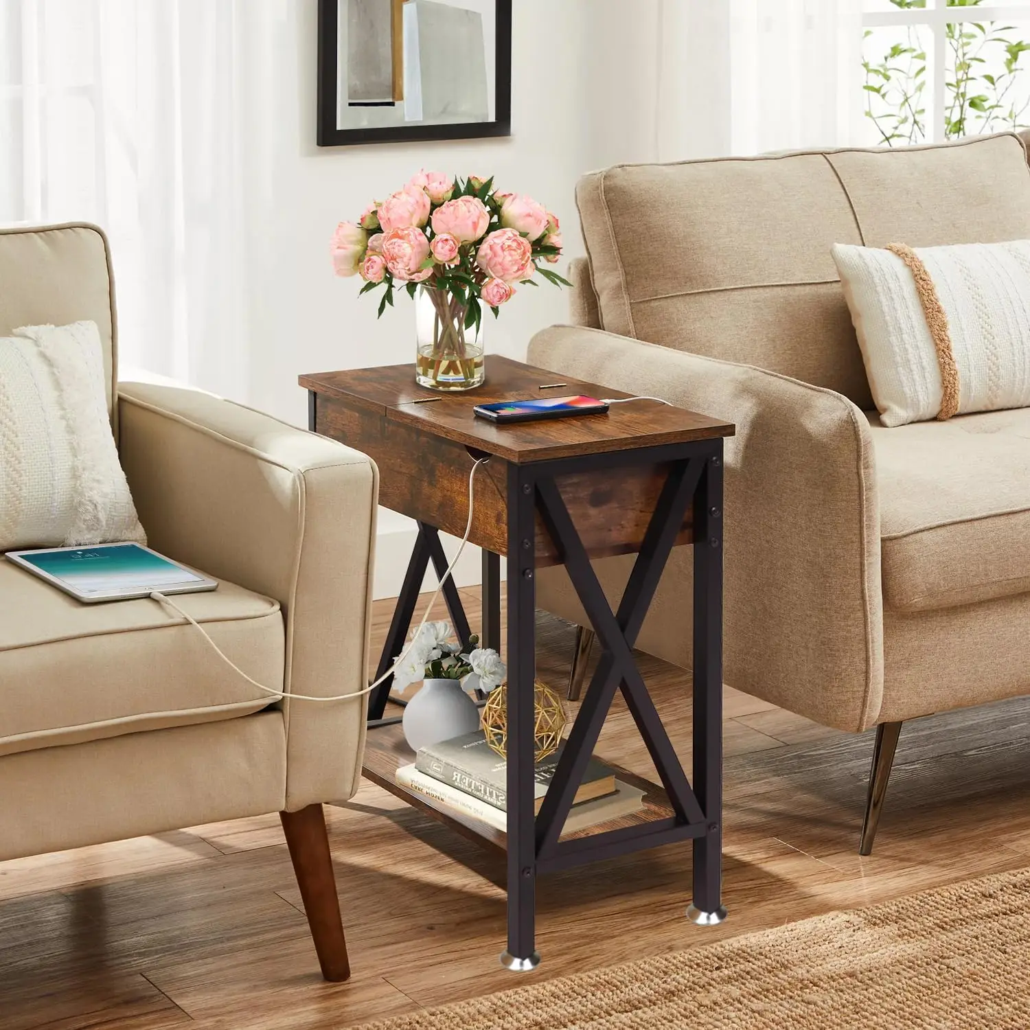 End Tables Living Room Set of 2 with Charging Station, 12