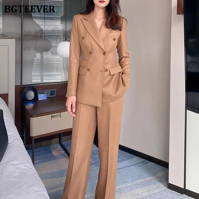 

BGTEEVER офисные женские брючные костюмы, двубортные куртки и широкие брюки, женский пиджак, комплект
