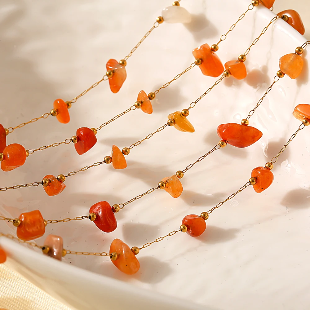 Orange Red Necklace Bracelet Women Set Stainless Steel Natural Stones Beaded Pendant Female Necklaces Luxury Jewelry