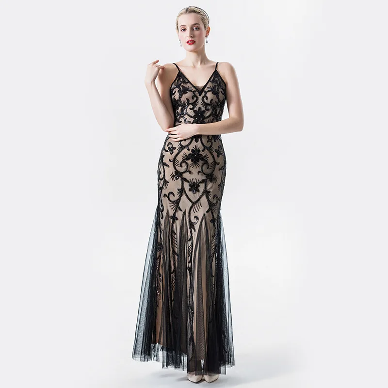 2022New Women Spaghetti Straps Tulle Embroider Evening Dress Elegant Mermaid Vintage 1920s Party Dress Great Gatsby Sequin Dress