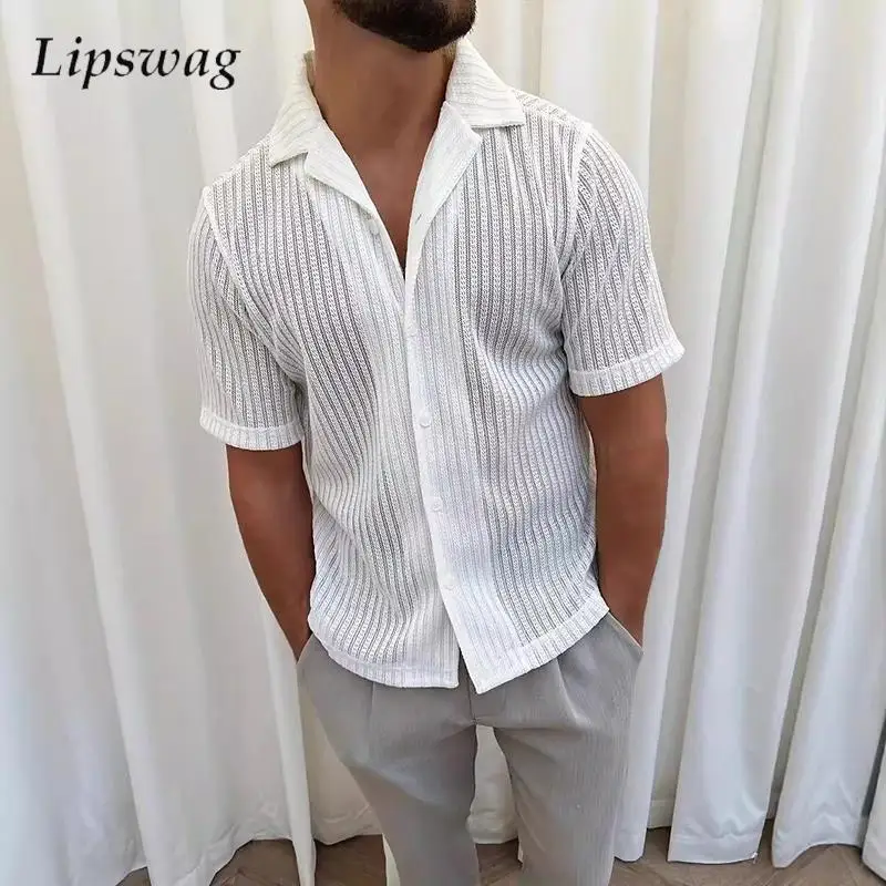 

Casual Hollow Out Knitting Shirts For Mens Summer Fashionable See Through Mesh Knit Tops Men Shirt Vintage Lapel Buttoned Shirt