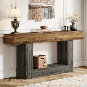 63" Modern Farmhouse Console Table with U-Shaped Base & 2-Tier Shelves - Rustic Brown & Grey Entryway Sofa Table, Engineered Woo