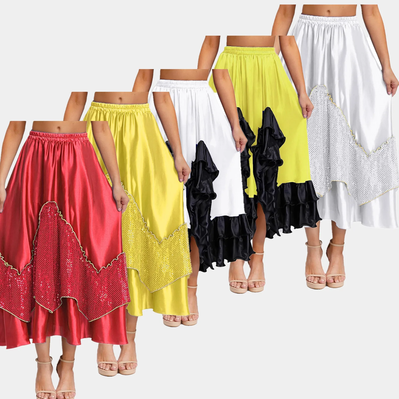

Womens Flamenco Spanish Gypsy Waltz Dance Skirt Ruffled Trim Satin Big Swing Skirt Classic Tango Salsa Ballroom Dance Costume