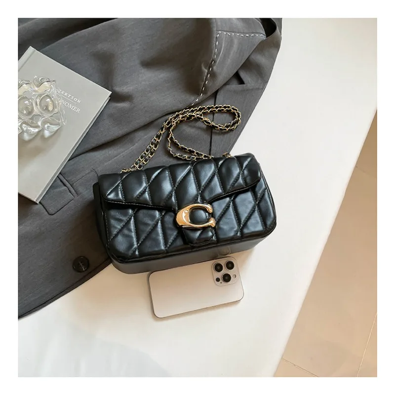 Damen Gesteppte Leder-Umhängetasche Luxus C-Logo Goldkette Crossbody-Tasche Designer Kleine Klapptasche Vintage Schwarze Abendclutch – Detail 18