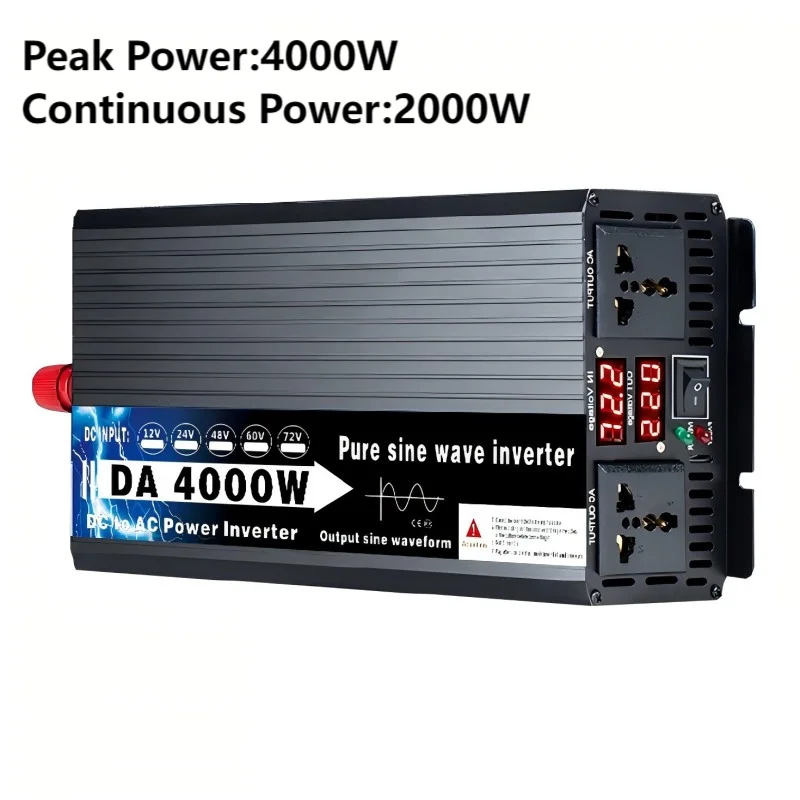 3000/4000/5000W Pure Sine Wave DC 12V 24V 48V 60V to AC 110V 220V Power Convert Double Socket Converter Solar Car Inverter