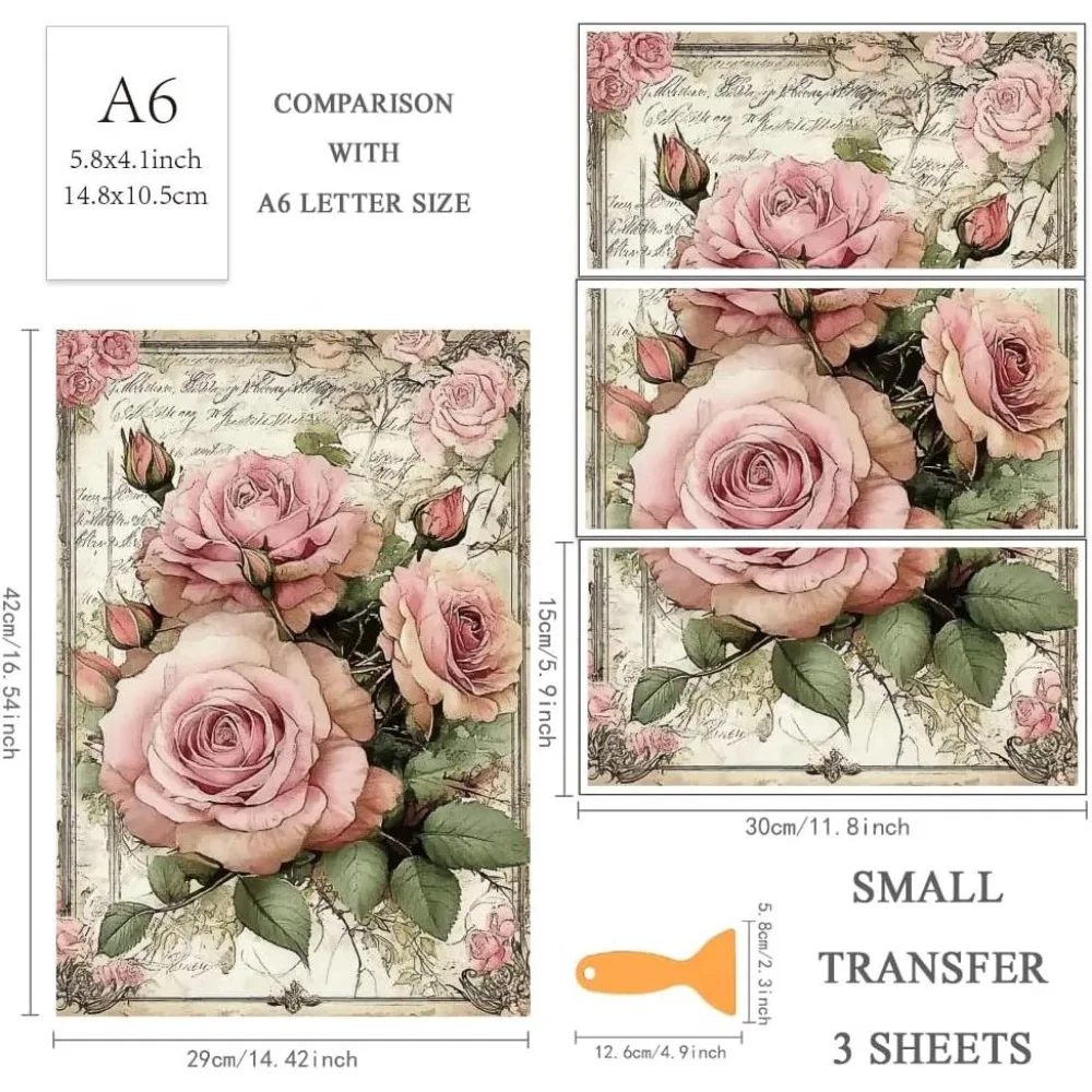 3pcs/set Roses Rub on Transfers for Furniture and Craft 12x6 Inch Pink Roses Furniture Decals Flower Transfer Stickers