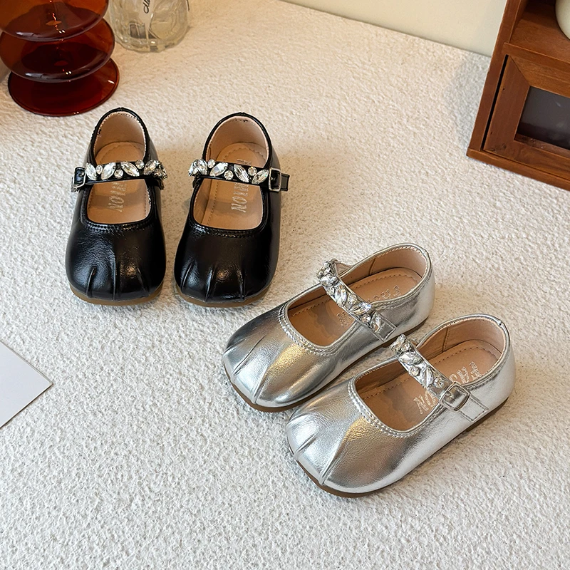 

Spring Girl's Princess Shoes crystal Wrinkled Sweet Kid's Flat Shoe Black Silver Chic Exquisite Pu Leather Children Shoe 4-6Y
