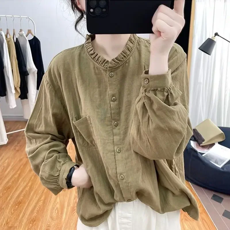 Womens Clothing New Ruffle Solid Vintage Cotton Linen Button Up Shirt Casual Streetwear Y2K Blouse Loose Long Sleeve Tops LJ580