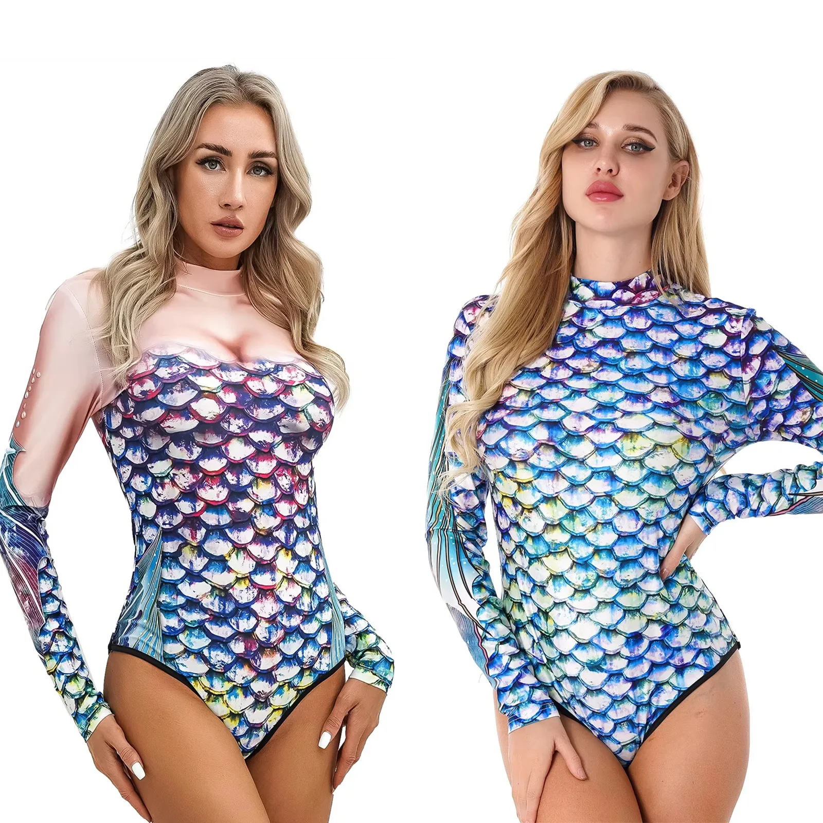 Women 3D Fish Scale Printing Jumpsuit Stand Collar Long Sleeves Back Zipper Closure Swimming Bathing Surfing Swimwear