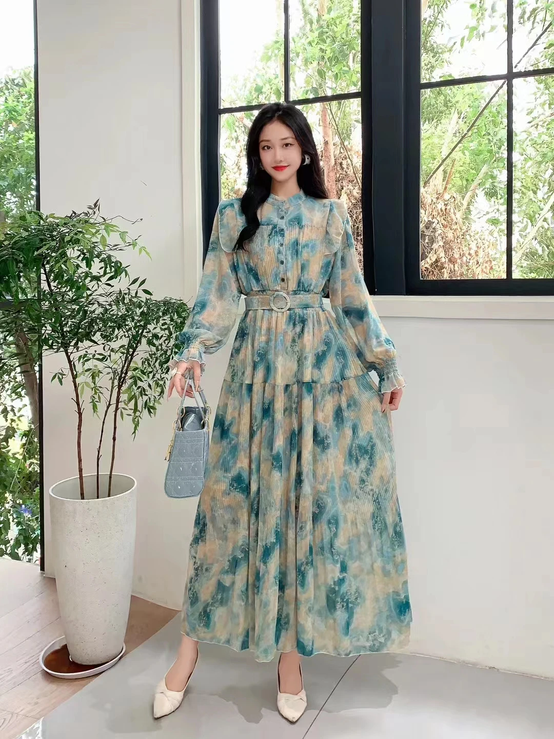 2023 New Spring Autumn Women Long Sleeve Belt Slim Long Dress High Quality Retro Tie Dye Print Big Hem Pleated Dress 7 Colors