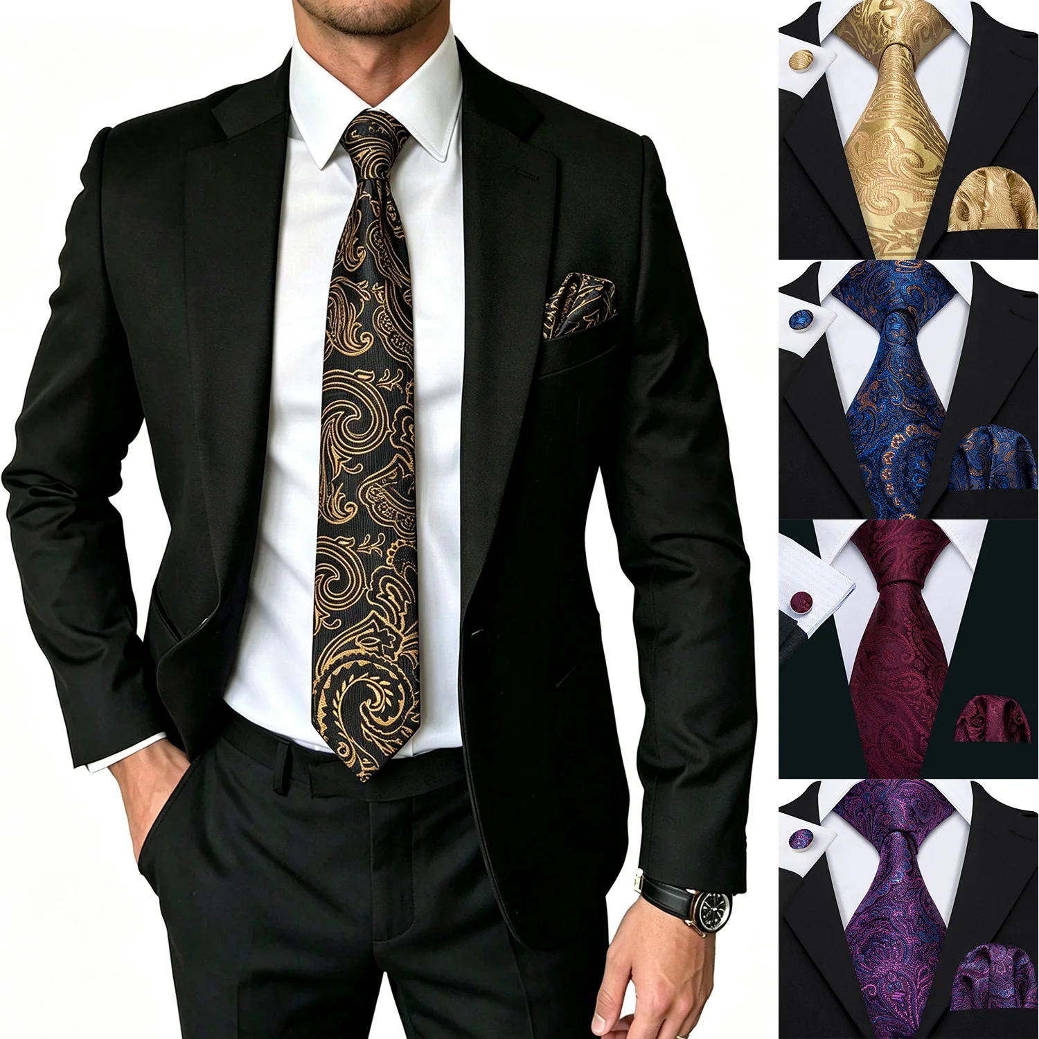 All Paisley Mens Tie Set 3PCS, Gold Blue Burgundy Purple Necktie Cufflinks Handkerchief Set