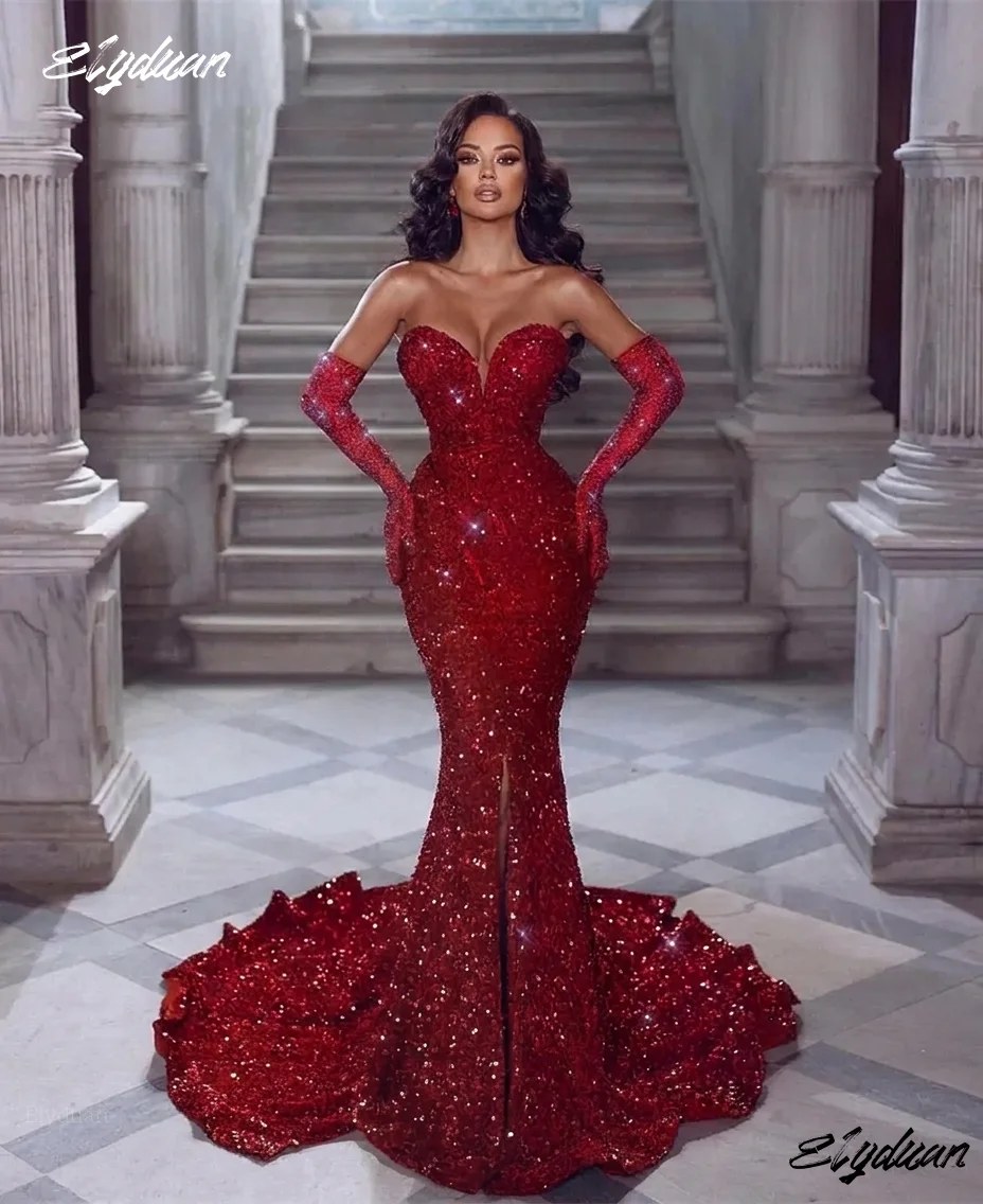 Glitter Red Sequined Mermaid Prom Dress Front Slit Long Strapless Sweetheart Sleeveless Evening Gowns Reception Dress Customized