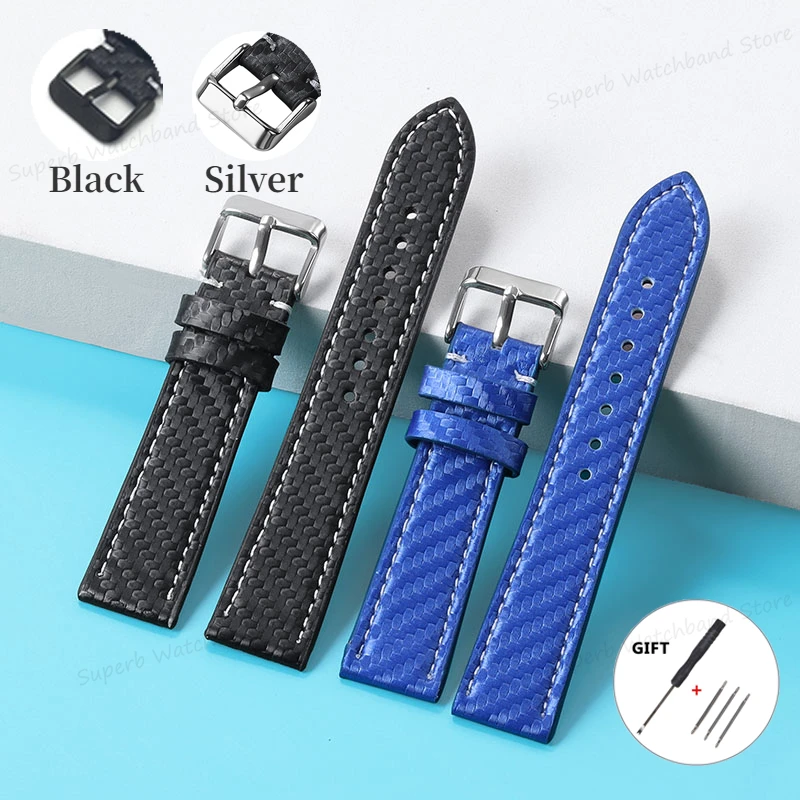 Genuine Leather Watch Band Carbon Fiber Pattern Texture Universal Soft Bracelet Watch Accessories 18mm 20mm 22mm 24mm
