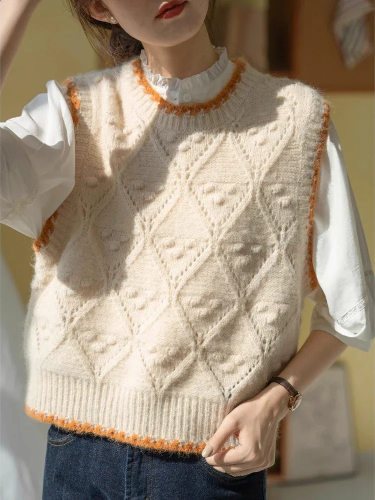 Trendy Pink Crochet Vest Women Vintage Color Block Knitted Waistcoat Autumn Sleeveless Layering Top Y2K Chic Streetwear