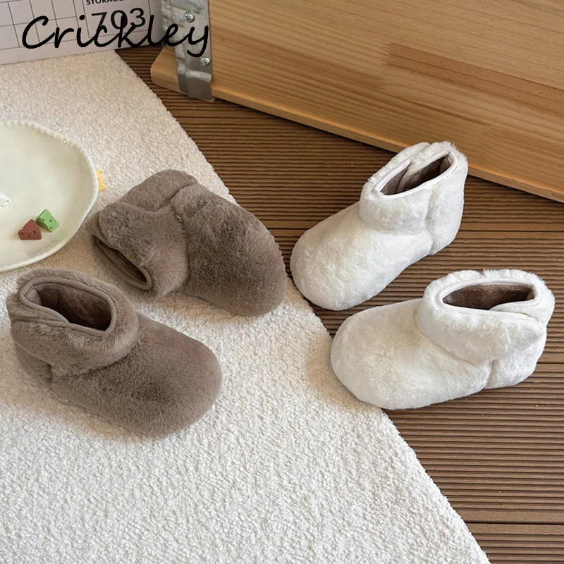 

Однотонные детские ботинки из искусственного меха, зимние теплые плюшевые модные ботинки с крючками для маленьких девочек, нескользящая мягкая подошва, детские ботильоны