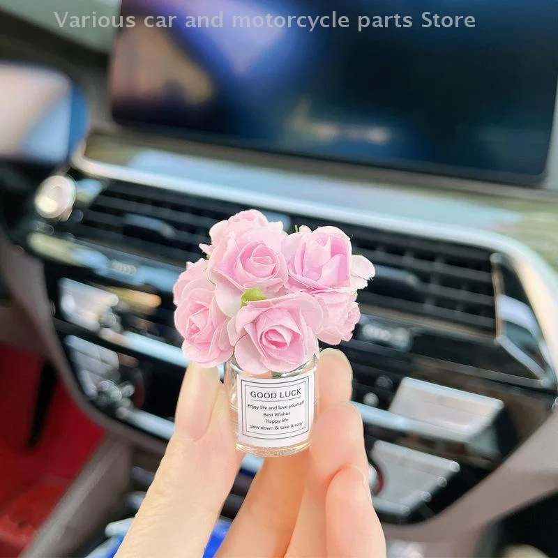 Decoração do carro ornamento bonito simulação rosa vaso de flores painel automático decoração gadgets para mulher acessórios do carro