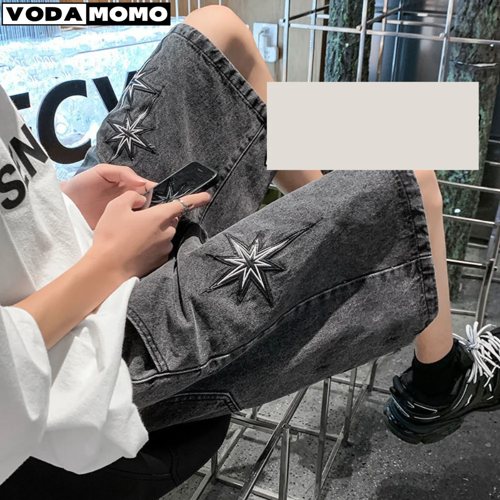 

2022 Summer Wide Leg Hip-Hop Jeans Shorts Male Skateboard Swag Baggy Men Capri Denim Pants bermuda masculina men clothing