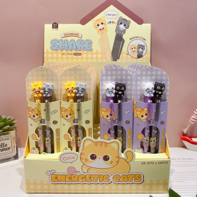 

24 шт./лот, гелевые ручки Kawaii Cat Press, милые, 0,5 мм, с черными чернилами, нейтральные ручки для письма, офисные и школьные принадлежности