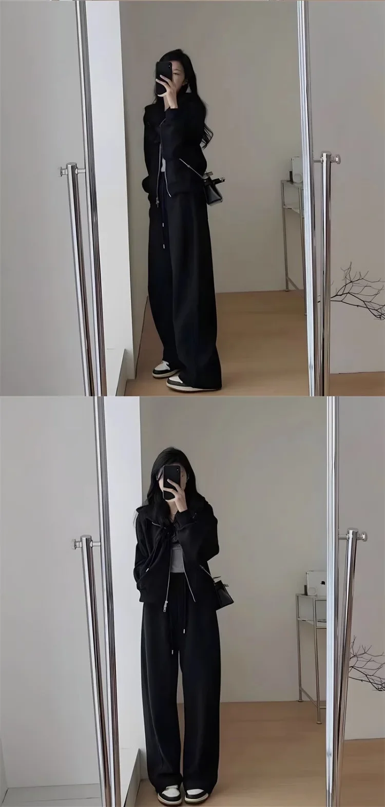 طقم رياضي كاجوال بقلنسوة للسيدات على طراز هونج كونج للتخسيس ومضاد للشيخوخة بنطال ذو قصة أرجل واسعة للجري مكون من قطعتين ملابس عصرية