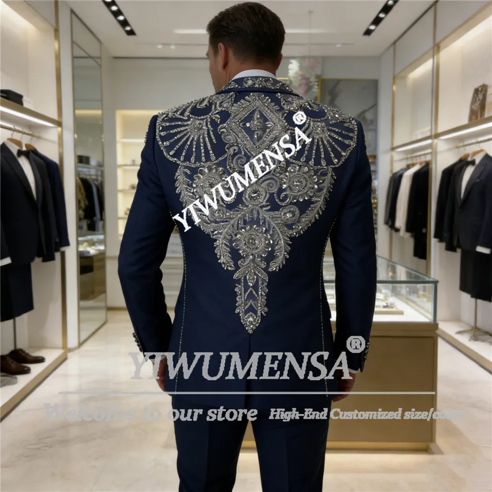 

Male Fashion Jewelry Stones Ornament Suits Men For Wedding Shawl Lapel Prom Blazers Customized Man Formal Party Attire Luxury
