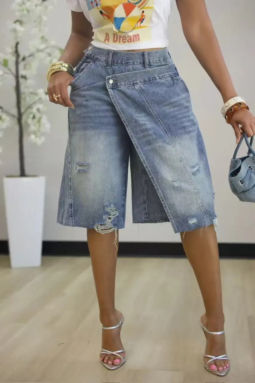 Fashion Women's Cut Fake Two Pieces Loose Denim Shorts High Waisted Irregular 5-point Jeans