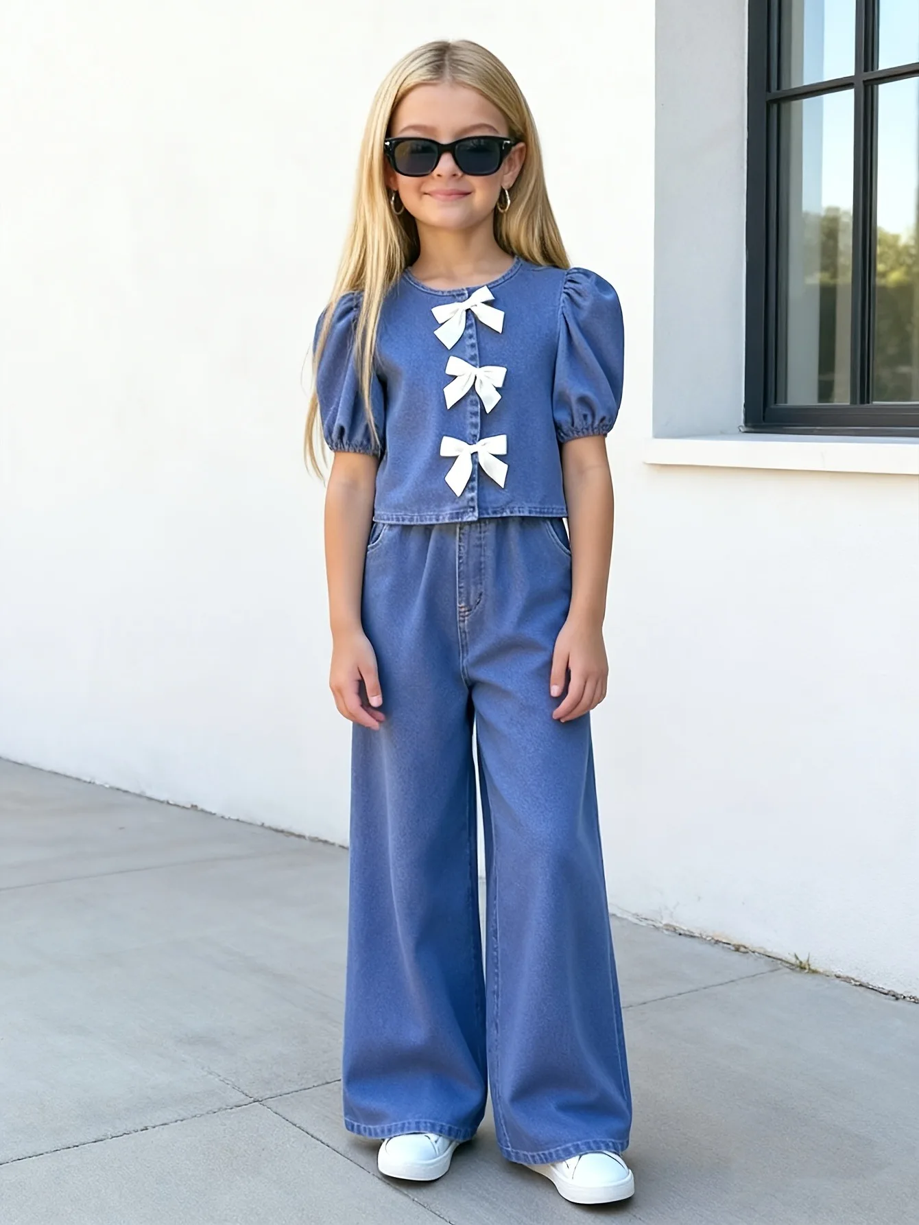 Breathable Kids Girls Two Piece Denim Set, Round Neck Puff Sleeve 3 Bow Decor Short Crop Top & High Waist Flowy Wide Leg Jeans f