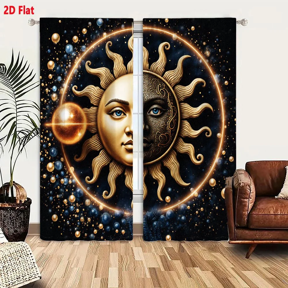 2Pcs Curtains 2D Flat Artistic Celestial Sun Moon Fusion Vertical Split Golden Sun Dark Ornate Moon Filigree Motifs Glowing Halo