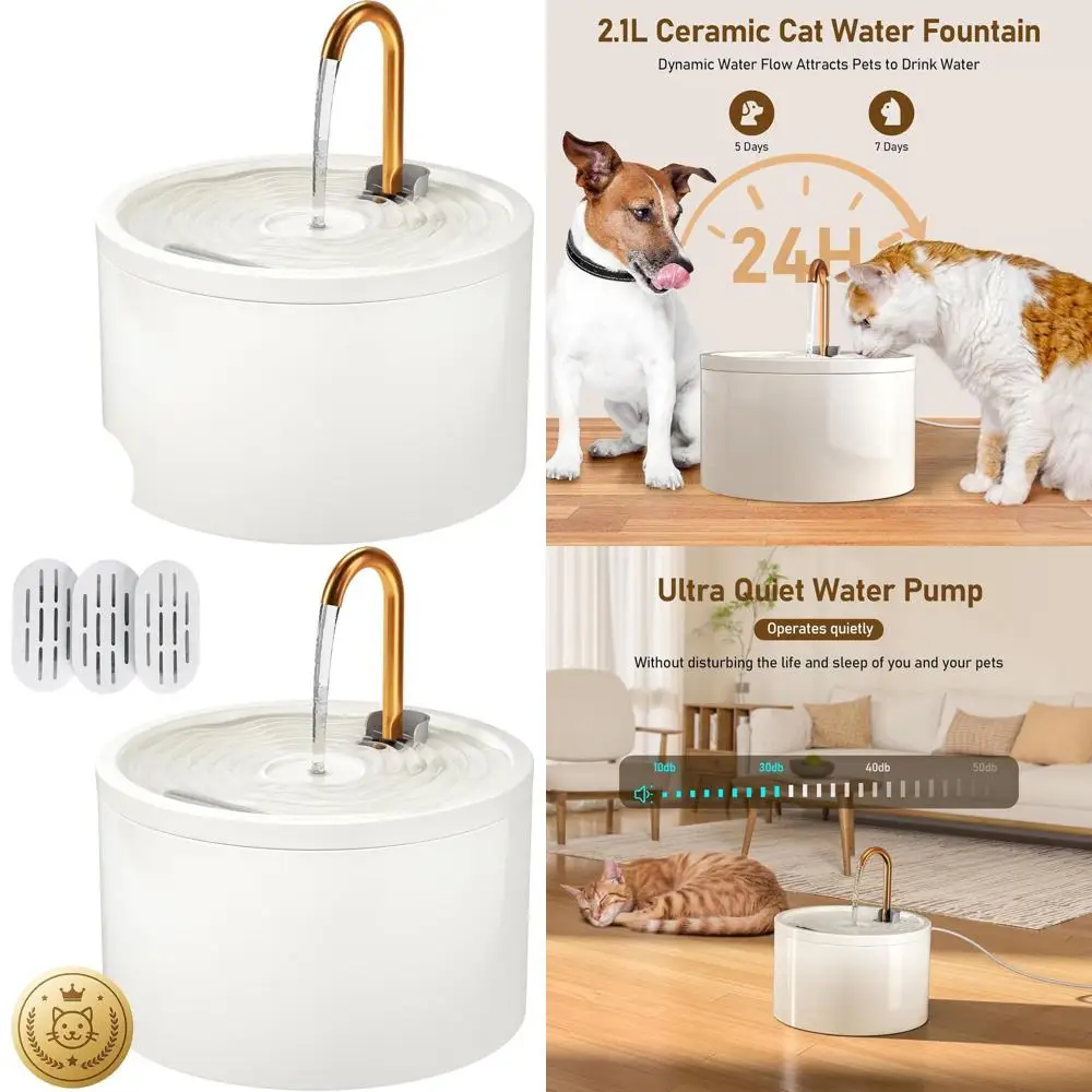 

Бесшумный керамический диспенсер для воды для кошек объемом 2,1 л с 3 фильтрами и губками, белый