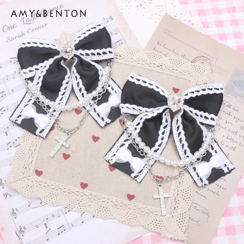 Japanese Mine Mass-Produced Sweet Beaded Chain Hair Bow Cute Lace Rhinestone Cross Hair Clips Kawaii Lolita Hair Accessoires