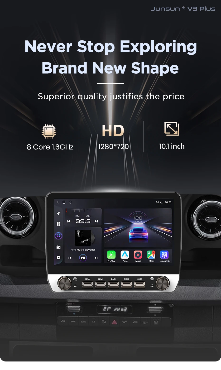 Junsun 10,1" Autoradio für Mercedes-Benz Sprinter 2018 2019-2022, kabelloses CarPlay, Android Auto, intelligente Systeme, IPS-Touchscreen mit physischen Tasten, DSP, GPS-Navigation, WiFi, DAB+, RDS, FM/RAM, BT, SWC, Plug-and-Play, 2DIN-Multimedia-Player – Detail 3