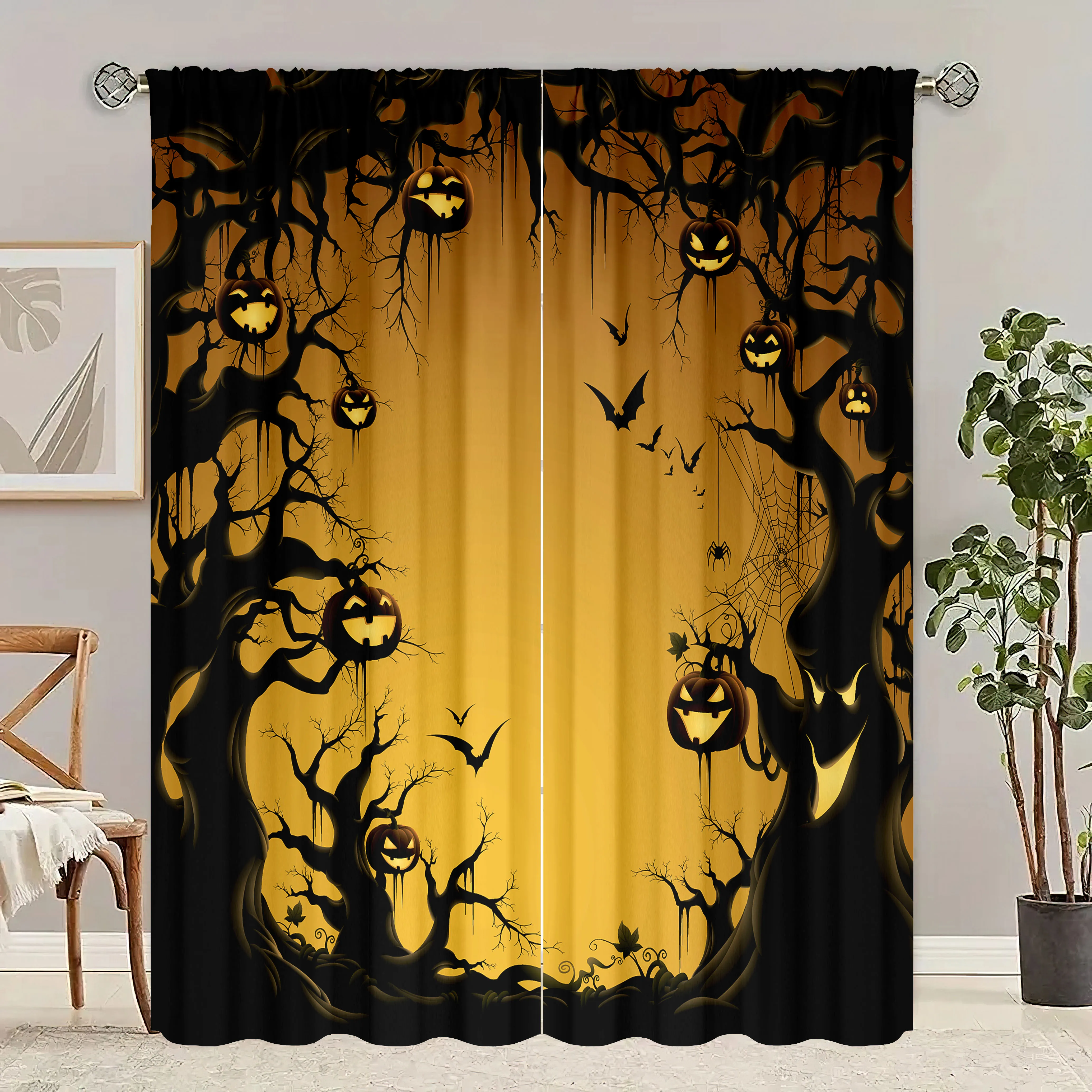 2 pieces of Halloween demon pumpkin anime printing curtain - polyester material - suitable for bedroom living room study room an