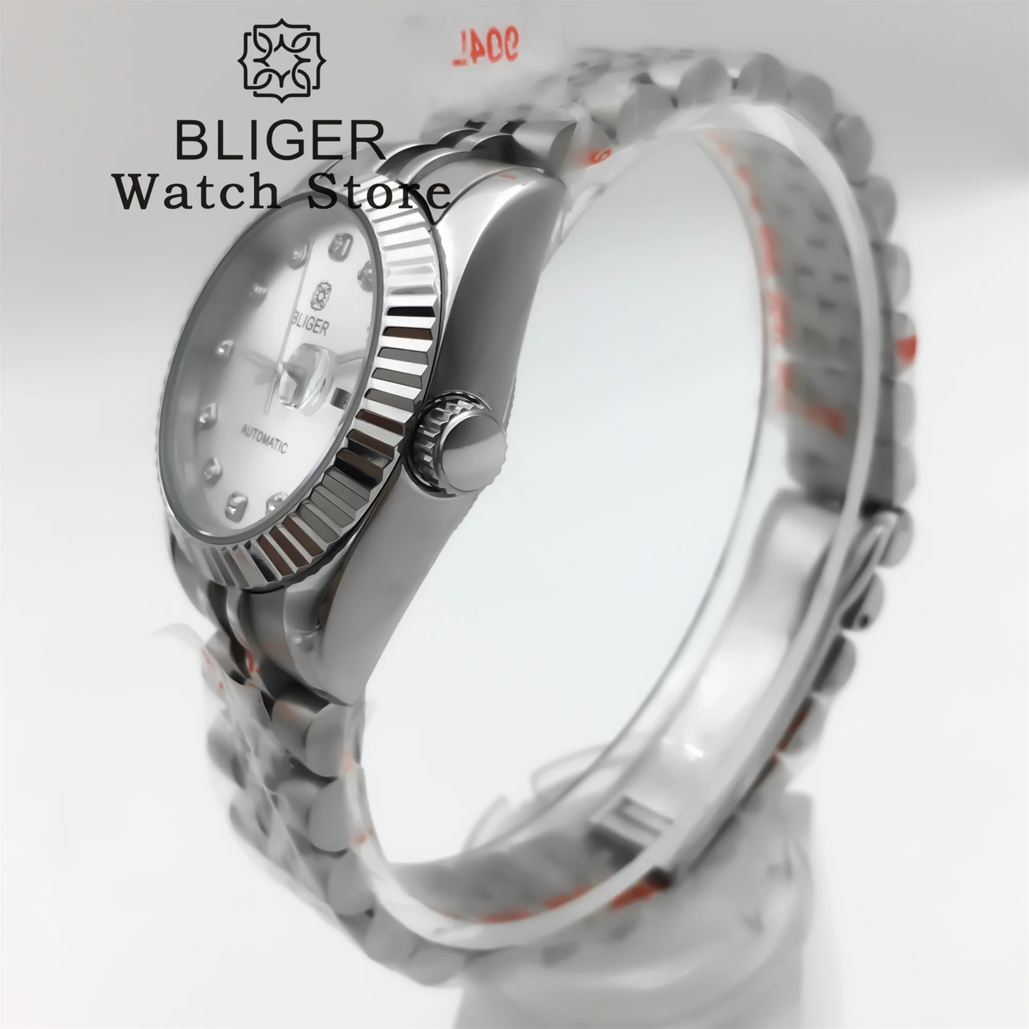 BLIGER 31mm Women Automatic Watch Stainless steel Bracelet Sapphire Glass White Mother Pearl Dial Diamond index Waterproof Watch