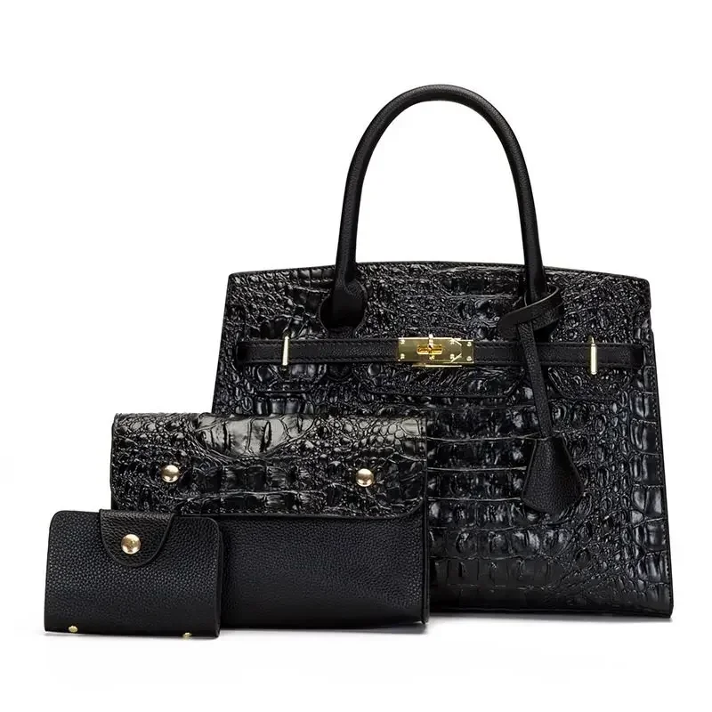 Three-piece mother and child bag, fashionable crocodile pattern shoulder portable messenger bag.