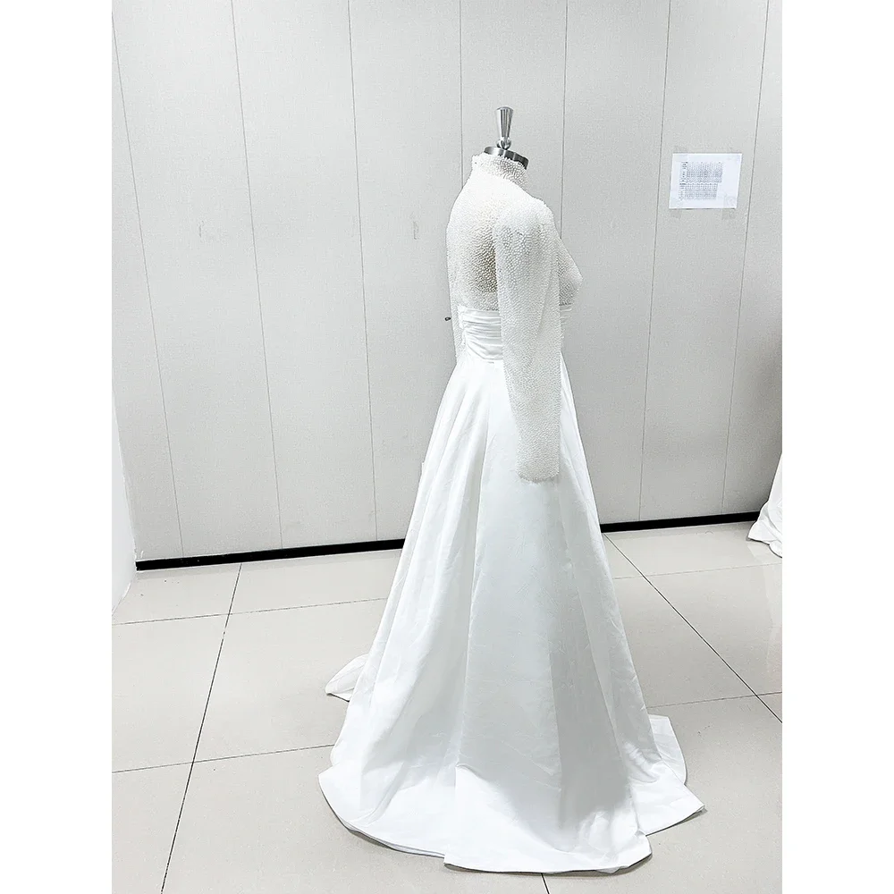 Vestidos de novia blancos con perlas, drapeados, manga larga, largo hasta el suelo, ocasión Formal, vestidos de tren de barrido para novia elegante 2024