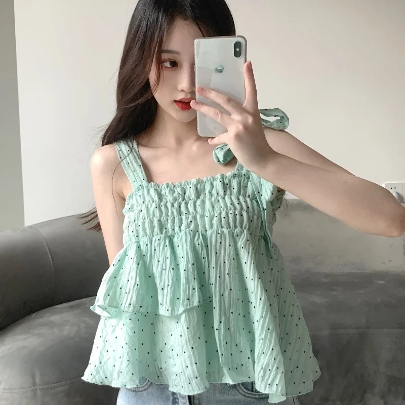 

Lace-up Polka Dot Puffy Outerwear Camisole Women's Summer Vest Design Sense Niche Sweet Hot Girl Short Chic Tank Top