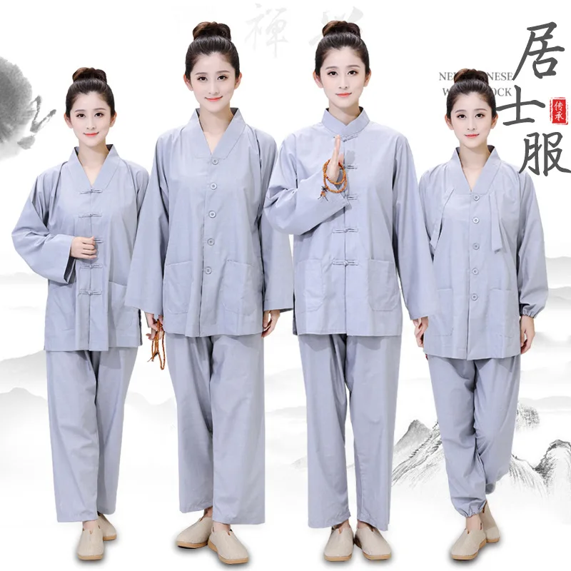 

Grey Chinese Buddhism Arhat Gown Set Women Monk Robe Clothes Tops and Pants Buddhist Clothes Kung Fu Uniform