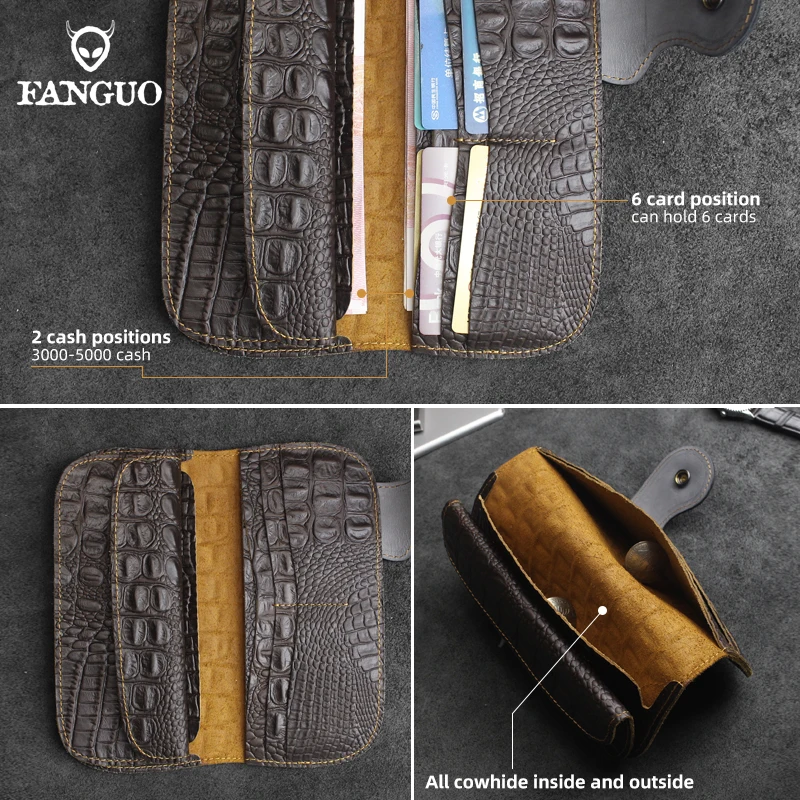 Top Layer Leather Men Wallet Genuine Leather Crocodile Print Credit Card Slot With Coin Pocket Long Wallet Clutch Bag Handbag