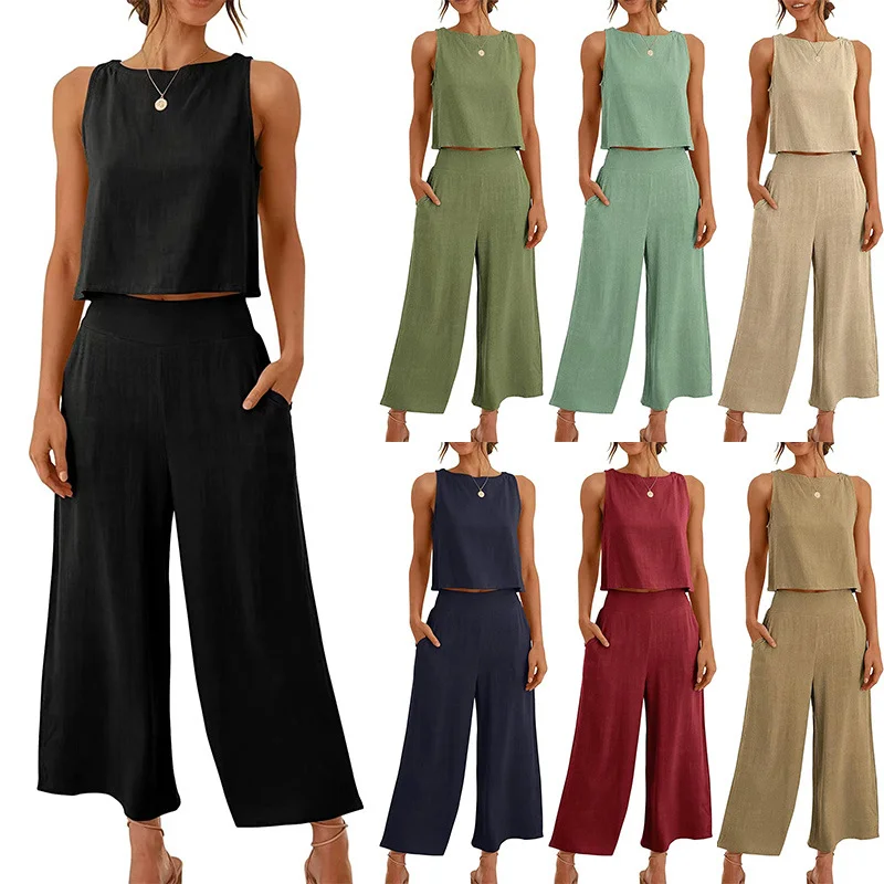 2023 Spring and Summer Women's Clothing Sleeveless Cropped Top + Wide-leg Pants Two-piece Suit