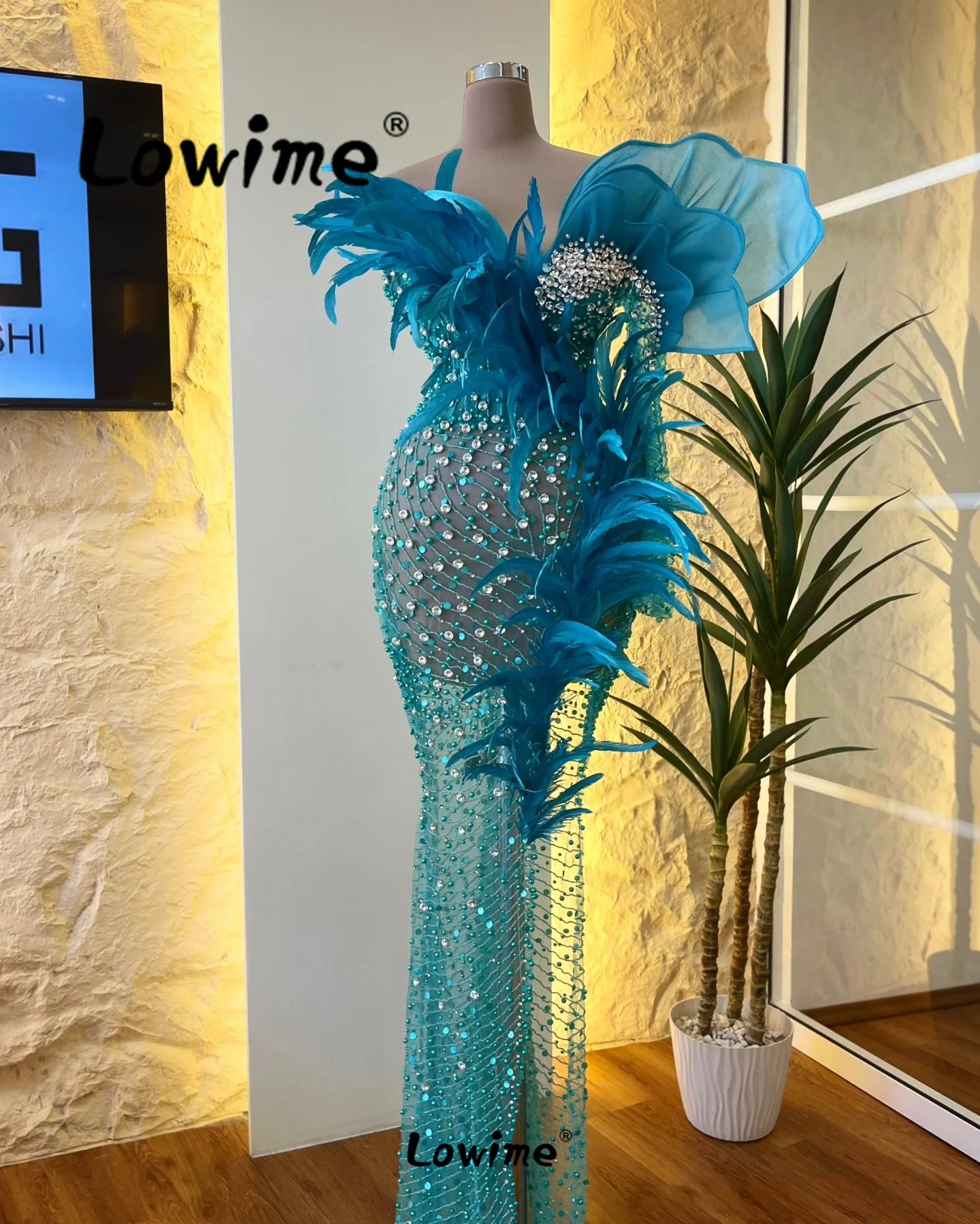 Full Beaded Crystals Luxury Evening Dresses Robe Feathers One Shoulder Mermaid Prom Dress 2024 Abendkleider Wedding Party Dress