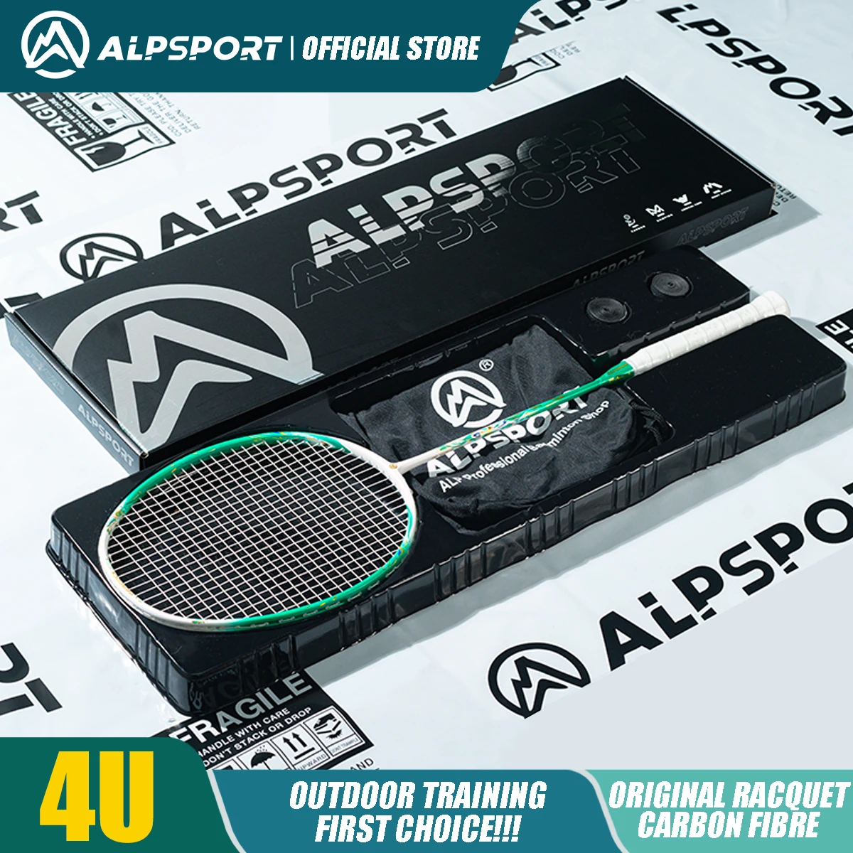 ALPSPORT Peacock 4U 52g Max 35 LBS Super Light 100% Full Carbon Fiber Green Badminton Racket With String White Red Racquet