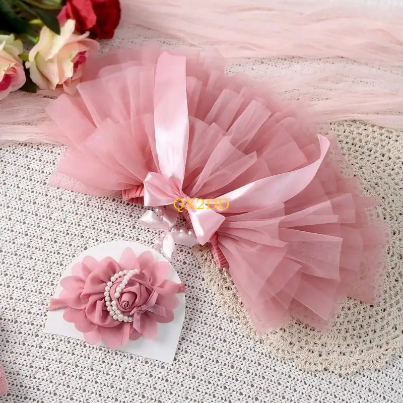 QX2D Infant Photography Outfit Bowknot Tulle Dress Hairband Set Photostudio Props Baby Photo Outfit Newborns Shower Supply