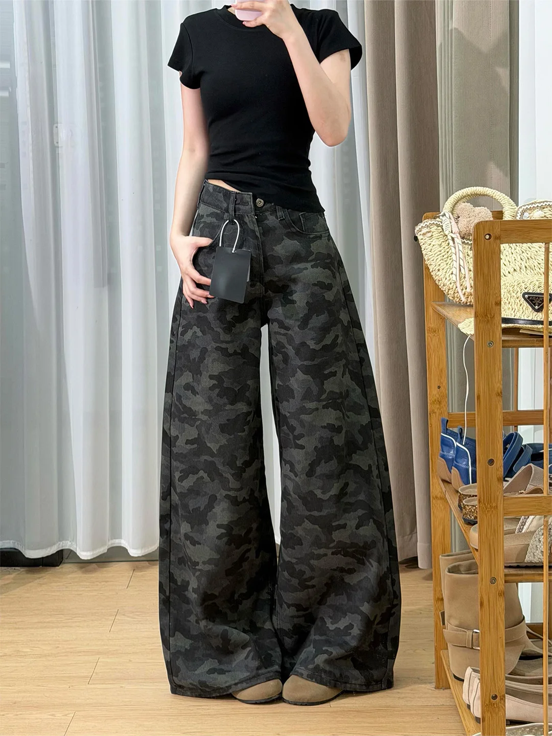 

High Waist Wide Leg Camouflage Denim Jeans Women's Vintage Style Summer New Slimming Effect American Retro Blue Jeans