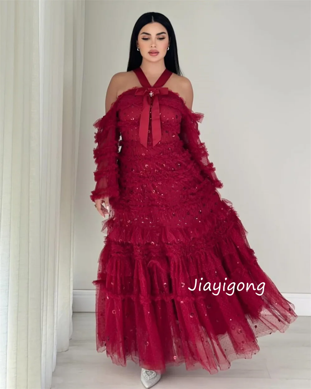 Robes de bal longues en Tulle plissé et pailleté, personnalisées, de haute qualité, ligne a, col licou, tailles à la mode disponibles, Style moderne