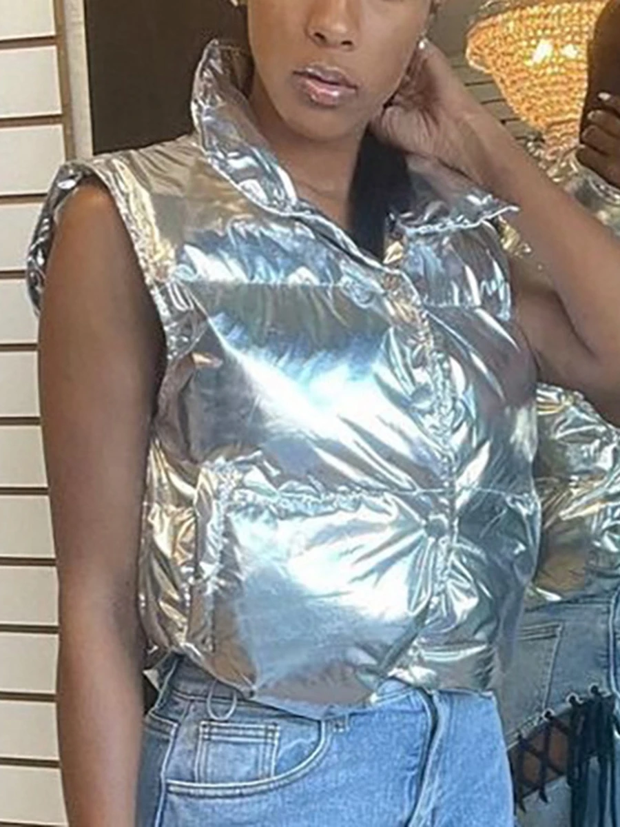 Women s Cropped Puffer Vest Winter Metallic Silver Stand-Collar Button Down Sleeveless Jacket Waistcoat for Outdoor